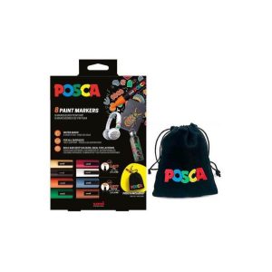 Set 8x Marker UNI Posca (4xPC-5M si 4xPC-3M), varf rotund, cutie carton + saculet textil model 2025