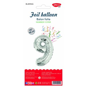 BALON FOLIE CIFRA 9 ARGINTIU 40 CM DACO BL409AG