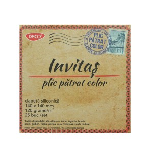 Plic pătrat colorat Invitaș DACO 14 × 14 cm, 120 g/mp, închidere siliconică, diverse culori