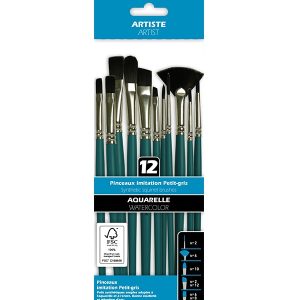 Set 12 pensule pentru acuarela din par sintetic cu fibre negre Pebeo 952207