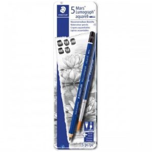 Set 5 creioane grafit acuarelabil + pensula Mars Lumograph 100A Staedtler